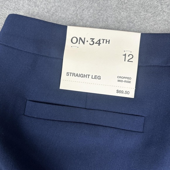 ON 34th Pants Womens 12 Blue Straight Leg Cropped Mid Rise Gold Button Navy - Picture 2 of 10